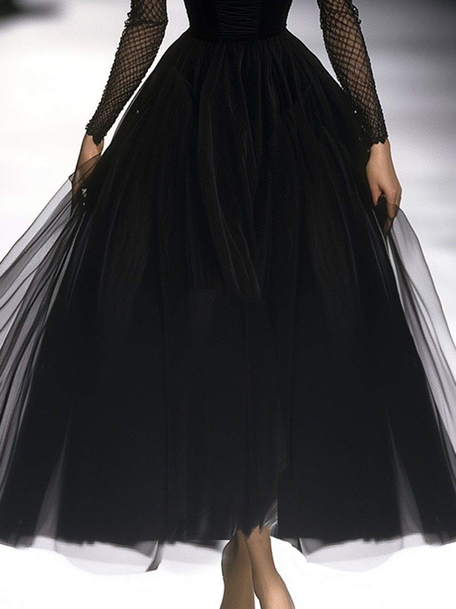 Retro Classic French Black Gauze Maxi Dress