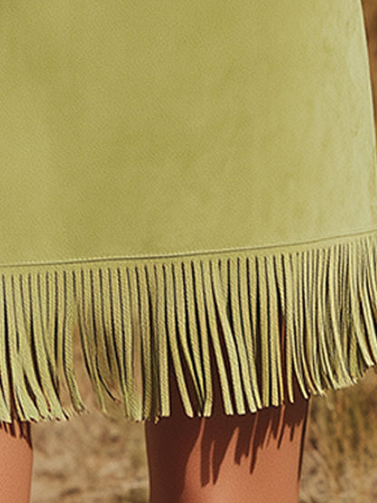 Western-style Retro Embroidered Green Tassel Round Neck Sleeveless Faux Suede Mini Dress