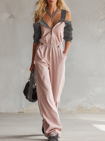 Stylish Color-blocked Striped Sleeve Pink Cotton Jumpsuit