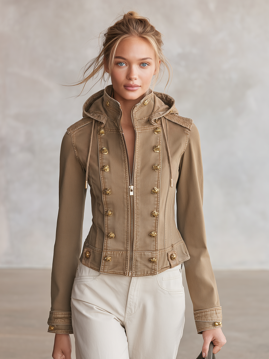 Khaki Denim Jacket Women Hooded Double-Breasted Gold Button Cropped Zip Front