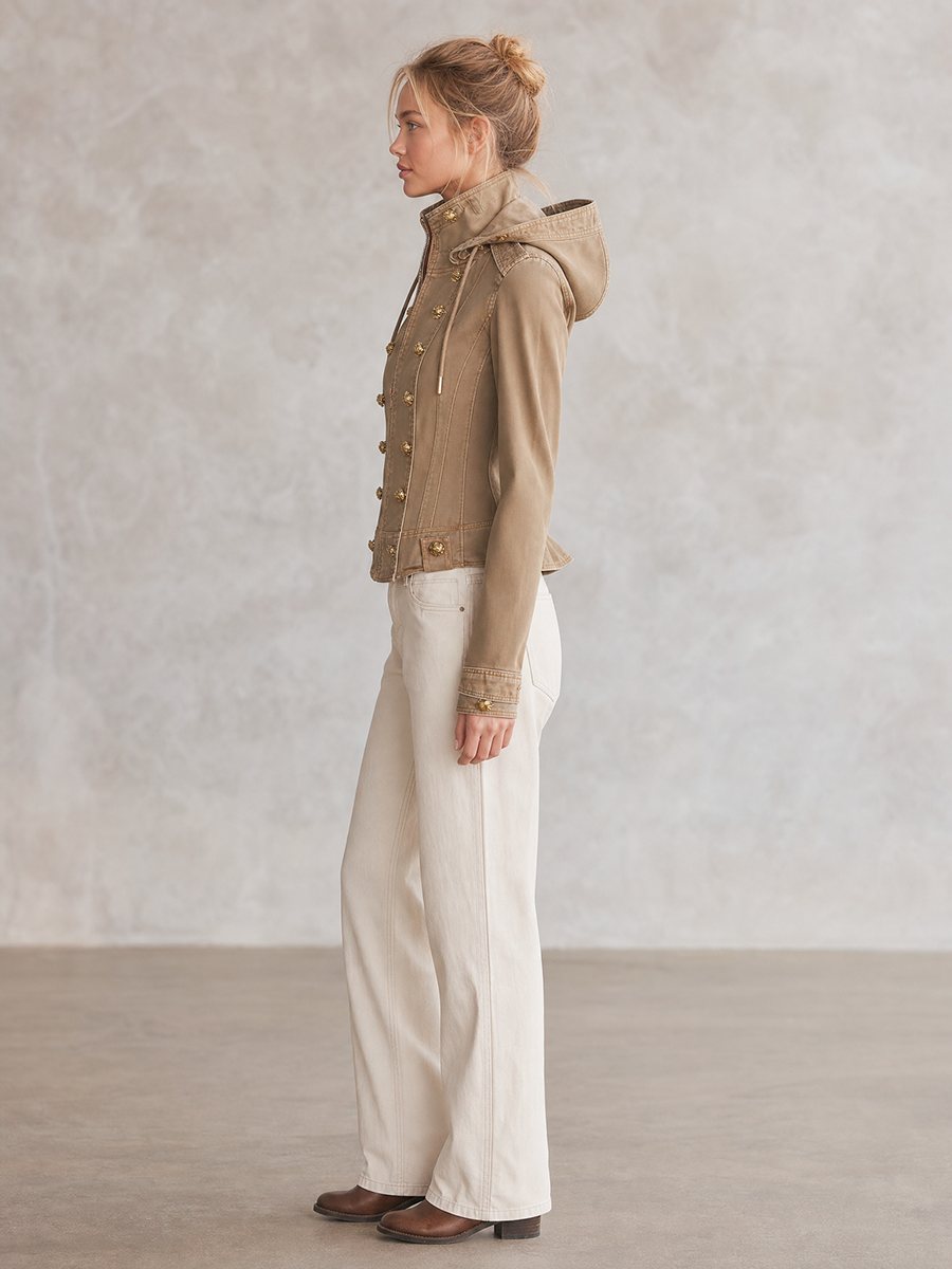 Khaki Denim Jacket Women Hooded Double-Breasted Gold Button Cropped Zip Front