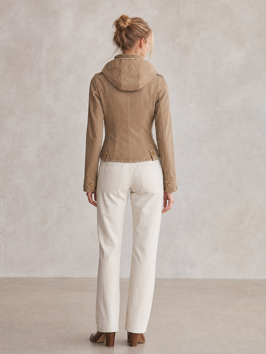 Khaki Denim Jacket Women Hooded Double-Breasted Gold Button Cropped Zip Front