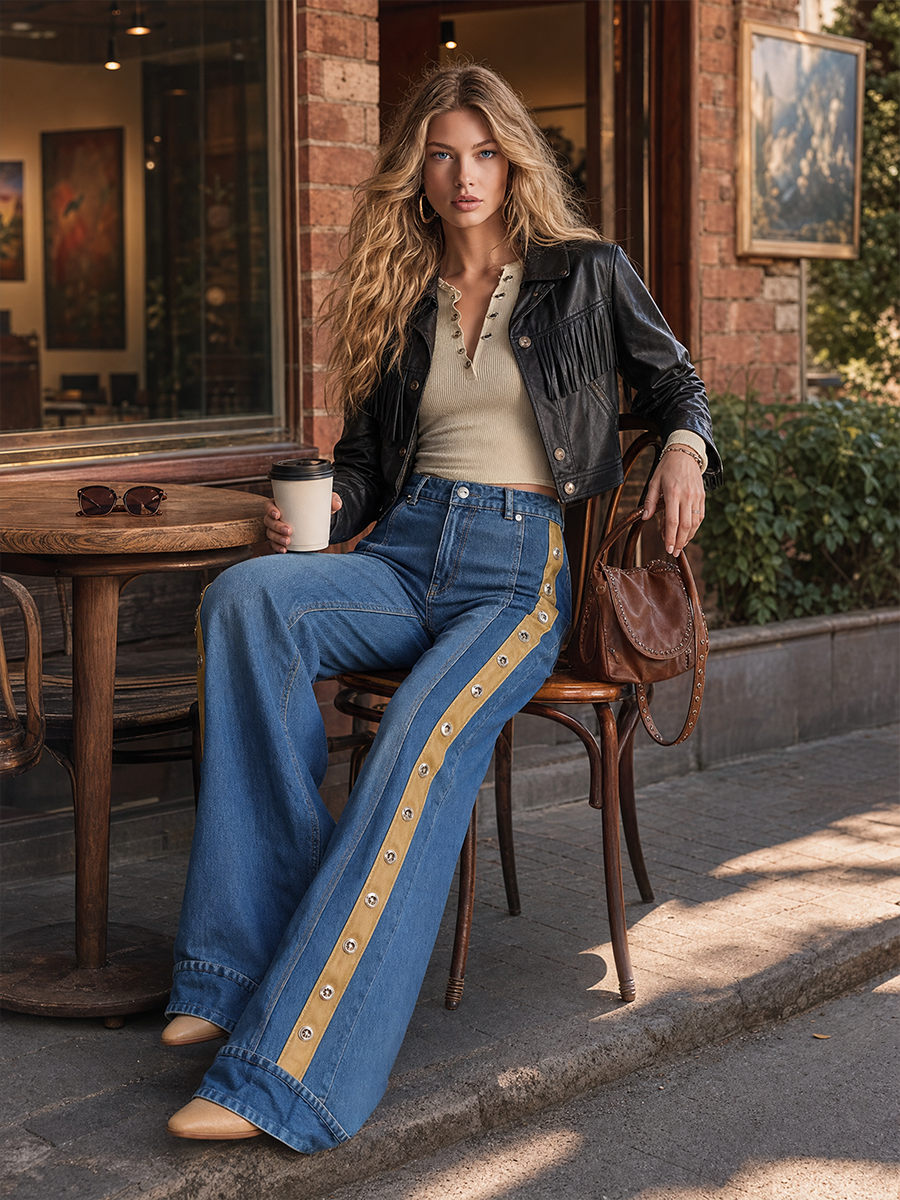American Contrast-panel Metal-button High-waist Wide-leg Jeans