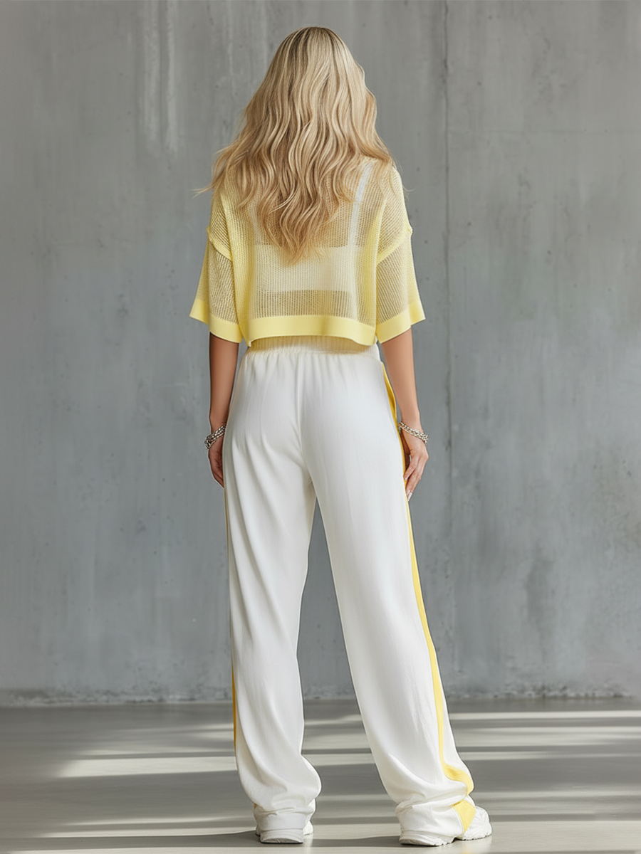 Athletic And Casual Style Short-sleeved Knitted T-shirt And Wide-leg Pants Set