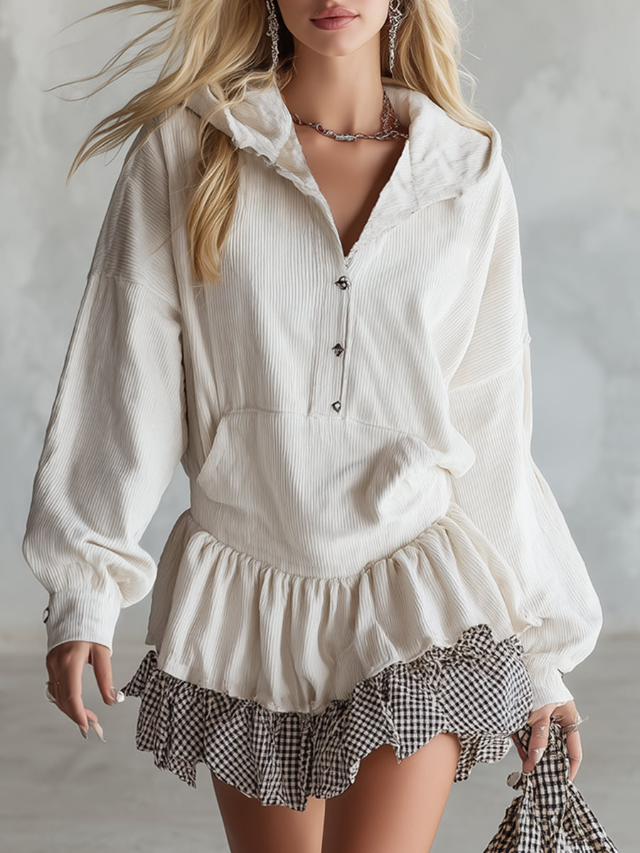 Stylish Sporty Checkered-trim White Corduroy Hooded Mini Dress