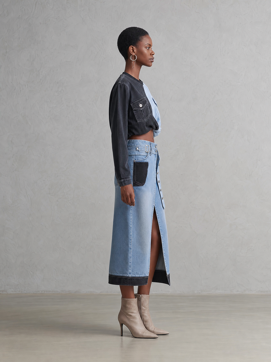 Western Two-Tone Denim Midi Skirt Front Slit Studded Belt High Waist
