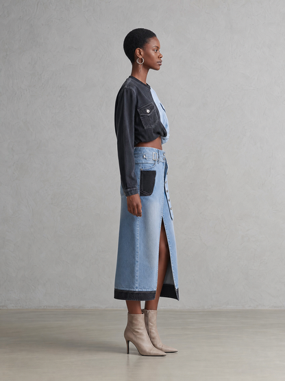 Western Two-Tone Denim Midi Skirt Front Slit Studded Belt High Waist