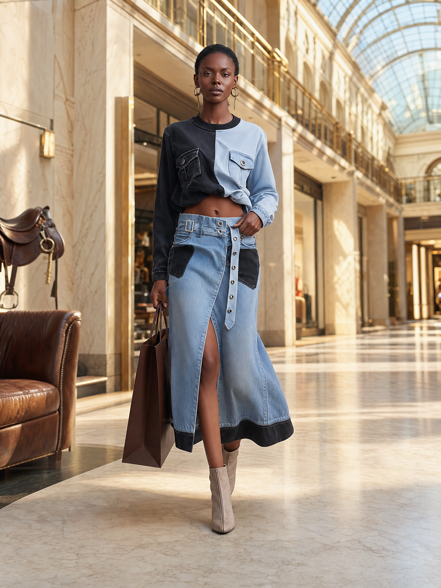 Western Two-Tone Denim Midi Skirt Front Slit Studded Belt High Waist