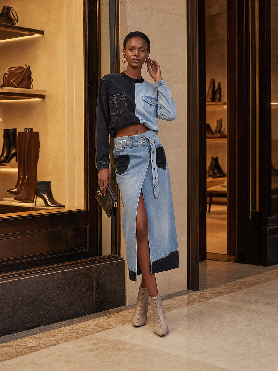Western Two-Tone Denim Midi Skirt Front Slit Studded Belt High Waist