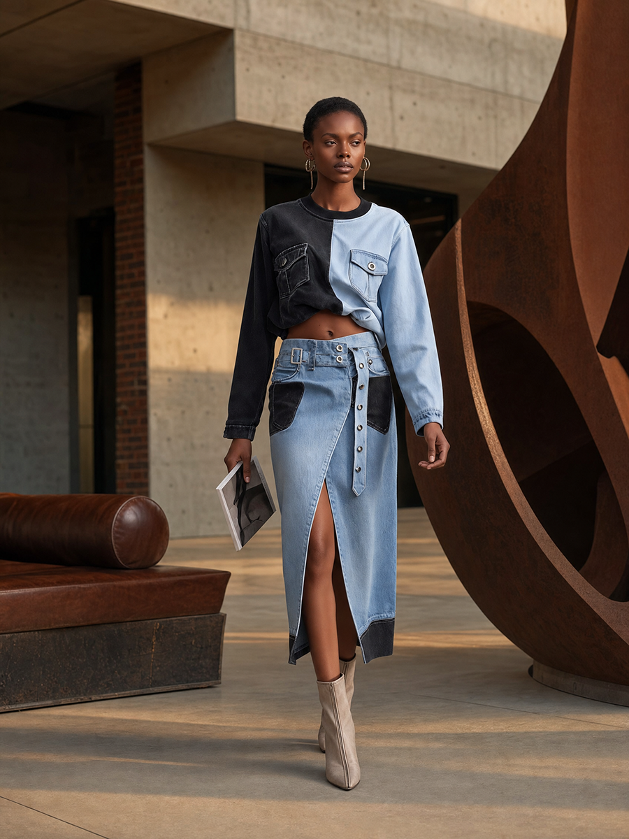 Western Two-Tone Denim Midi Skirt Front Slit Studded Belt High Waist