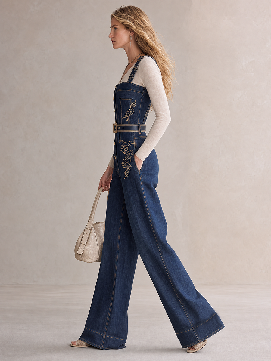 American Utility Belted Embroidered Denim Suspender Jumpsuit