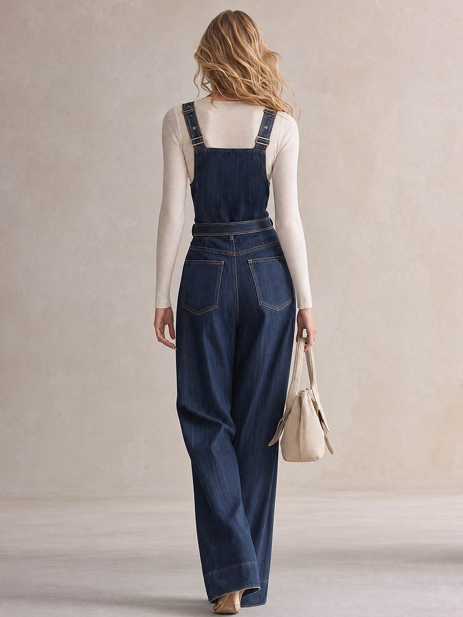 American Utility Belted Embroidered Denim Suspender Jumpsuit