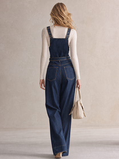 American Utility Belted Embroidered Denim Suspender Jumpsuit