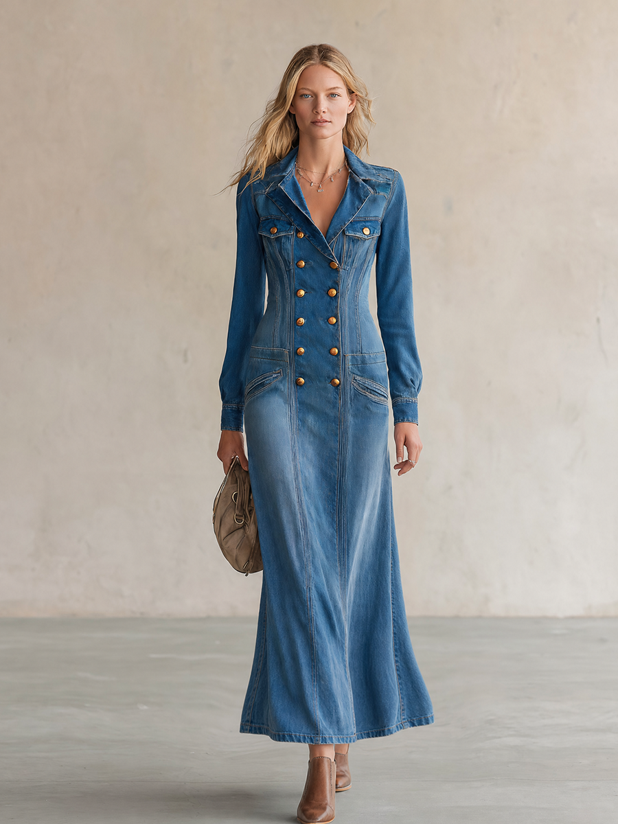 Vintage Wash Western Denim Maxi Dress Women Double-Breasted Button Front Long Sleeve