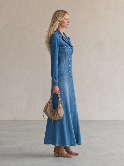 Vintage Wash Western Denim Maxi Dress Women Double-Breasted Button Front Long Sleeve
