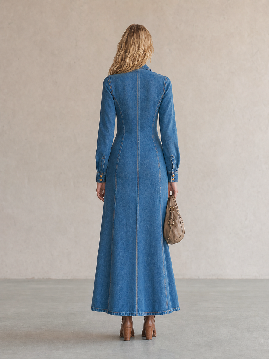 Vintage Wash Western Denim Maxi Dress Women Double-Breasted Button Front Long Sleeve