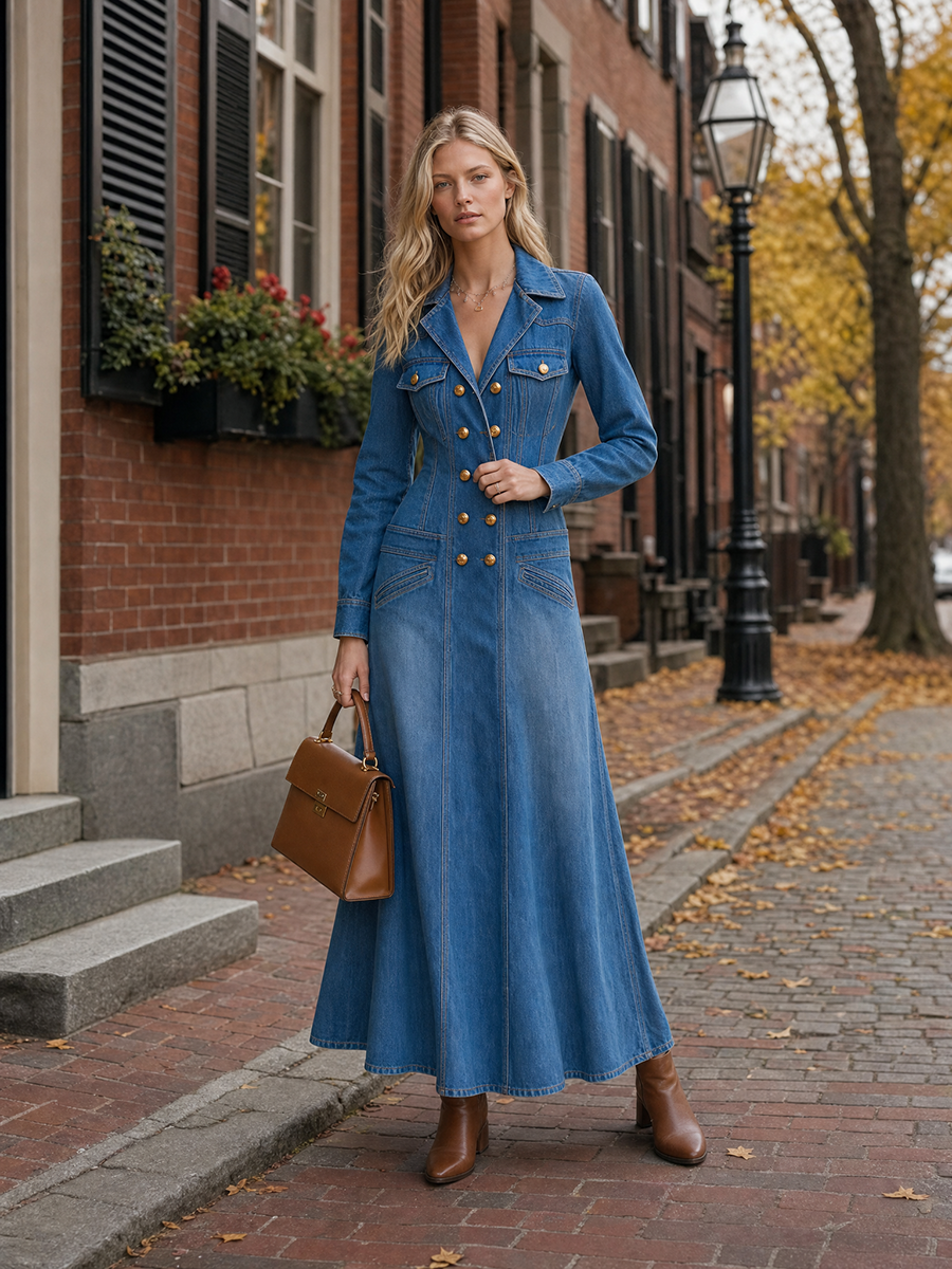 Vintage Wash Western Denim Maxi Dress Women Double-Breasted Button Front Long Sleeve