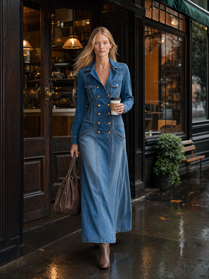 Vintage Wash Western Denim Maxi Dress Women Double-Breasted Button Front Long Sleeve