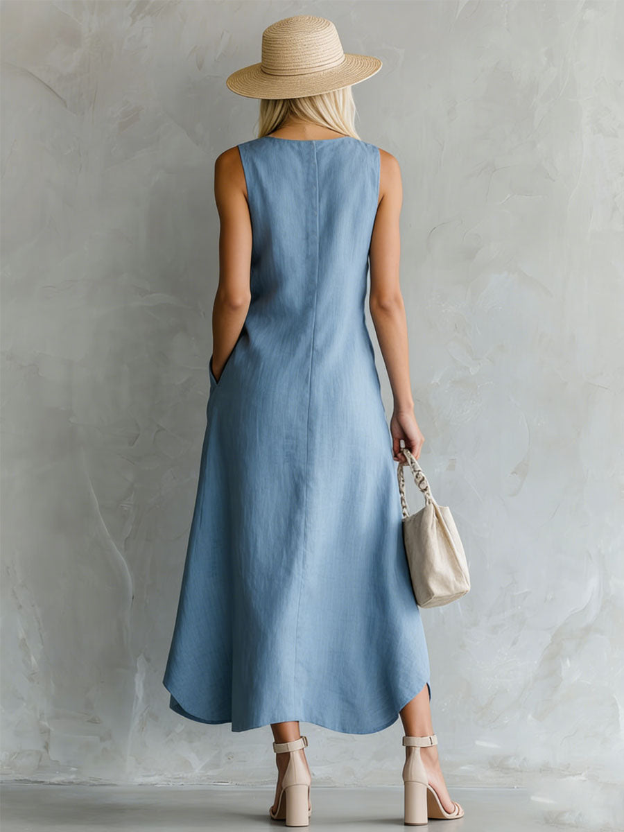 Blue Round Neck Side Slit Sleeveless Cotton Midi Dress