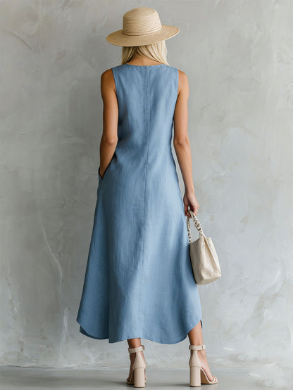 Blue Round Neck Side Slit Sleeveless Cotton Midi Dress