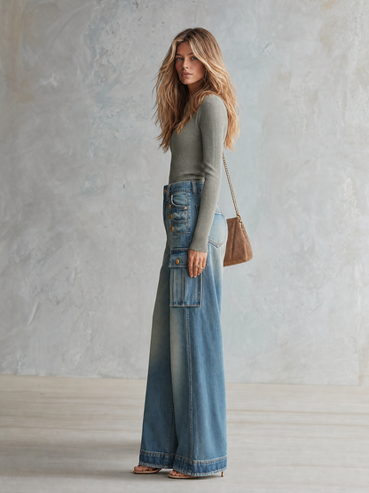 Western Wide-Leg Cargo Jeans Gold Buttons Utility Pockets Washed High Waist