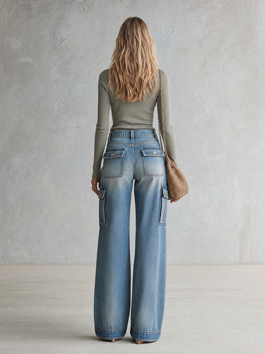 Western Wide-Leg Cargo Jeans Gold Buttons Utility Pockets Washed High Waist