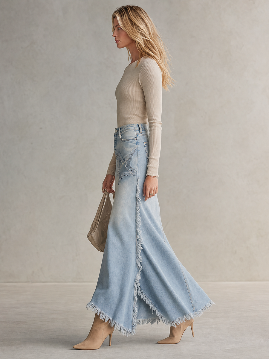 American Vintage Star-appliqué Embroidered Raw-edge Denim Maxi Skirt