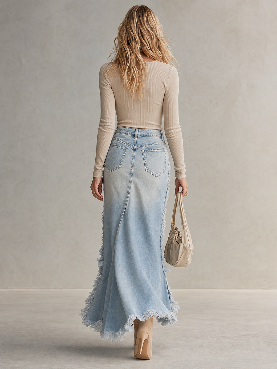 American Vintage Star-appliqué Embroidered Raw-edge Denim Maxi Skirt