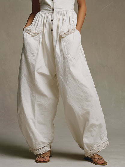 Casual Retro Lace White Cotton Balloon Overalls