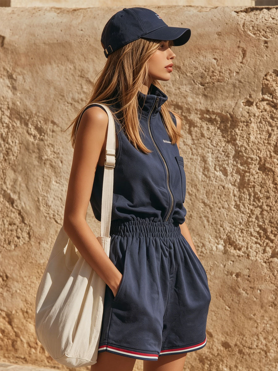 Stand-up Collar Zippered Elastic Waist Sleeveless Short Jumpsuit