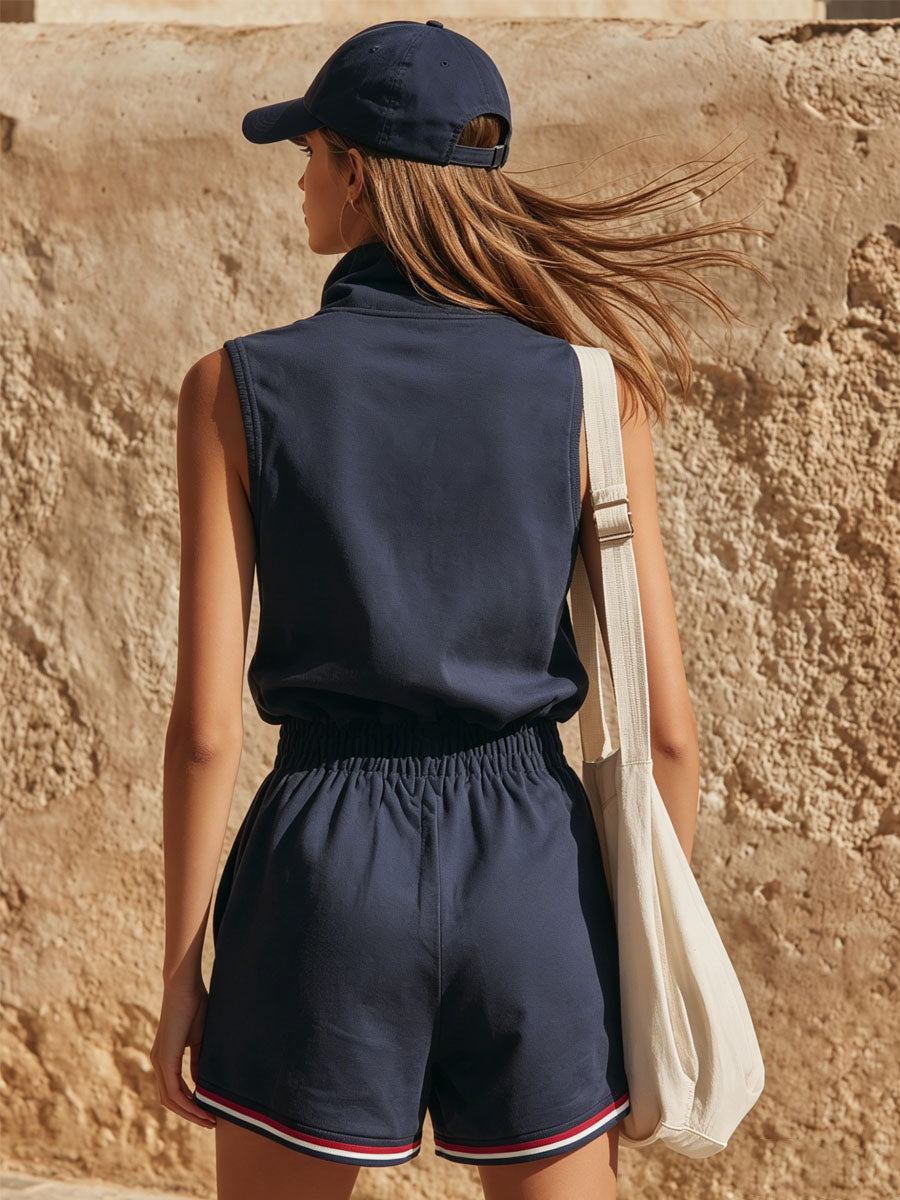 Stand-up Collar Zippered Elastic Waist Sleeveless Short Jumpsuit