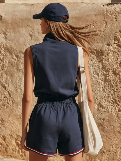 Stand-up Collar Zippered Elastic Waist Sleeveless Short Jumpsuit