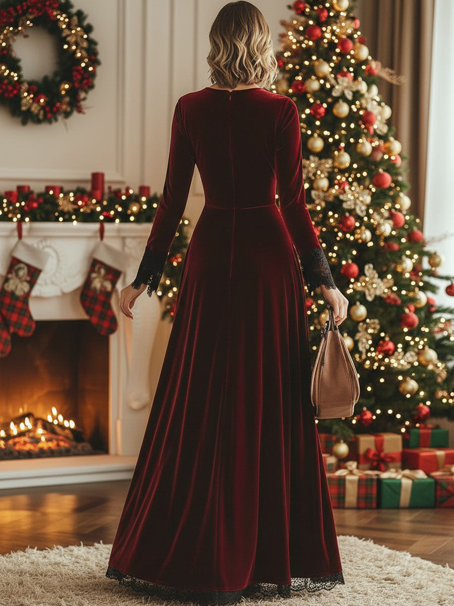 Fashion Retro V-neck Lace Splicing Long Sleeve Maxi Dress