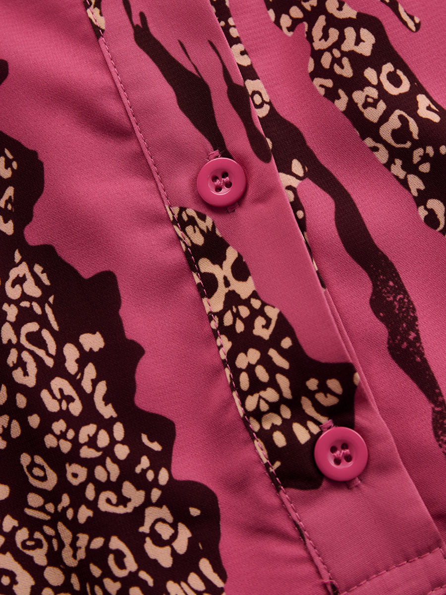 Casual Loose Rose Red Chiffon Leopard Print Long-Sleeved Jumpsuit