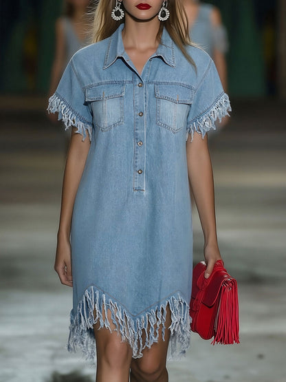 Casual Loose Vintage Denim Short Sleeve Shirt Tassel Mini Dress