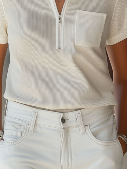 Casual Loose Knit Ribbed Polo Collar Zipper Pocket Short Sleeve T-Shirt