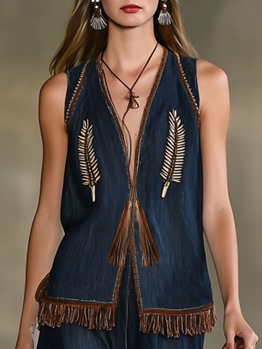 Casual Loose Retro Bohemian Embroidered Tassel Denim Vest