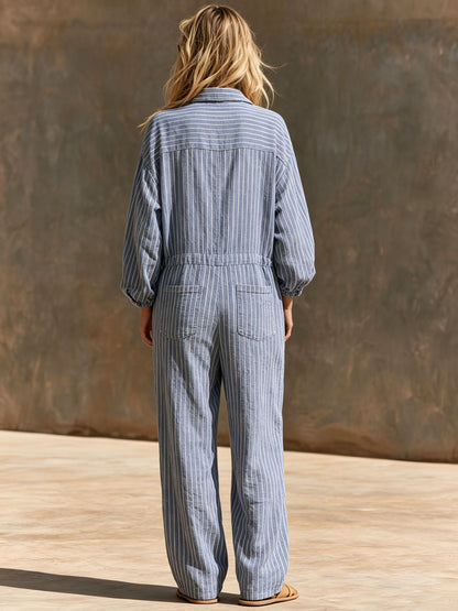 Casual Retro Striped Blue Cotton Linen Long-sleeved Jumpsuit