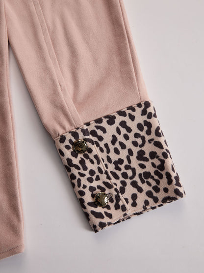Western Retro Leopard Print Pink Faux Suede Long-Sleeve Shirt
