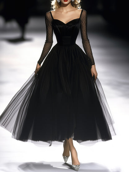 Retro Classic French Black Gauze Maxi Dress