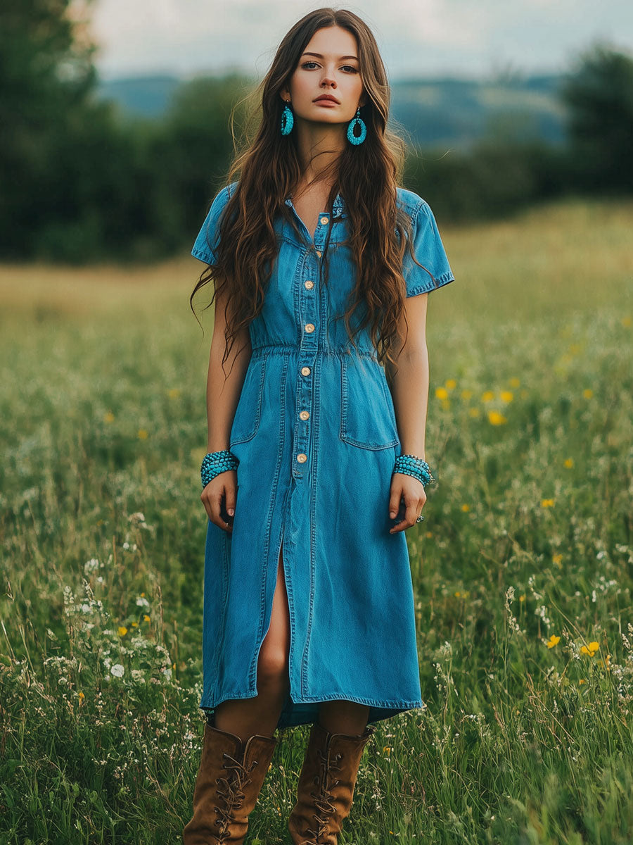 Casual Loose Retro Elastic Waist Cardigan Short Sleeve Denim Midi Dress