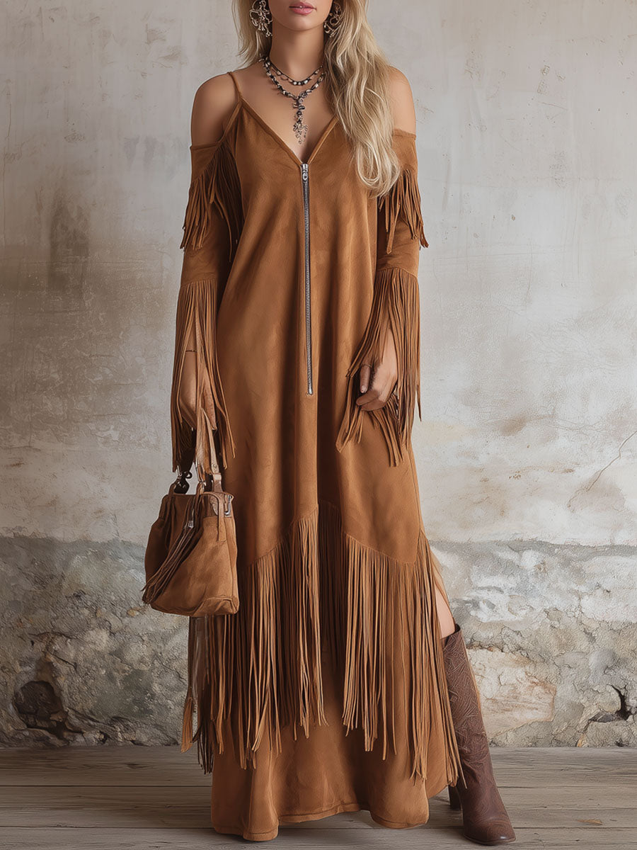 Western Style V-neck Zip-up Off-the-shoulder Fringe Long-sleeved Maxi Dress