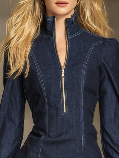 Stand-up Collar Half-zip Ruffled Denim Long-sleeved Mini Dress