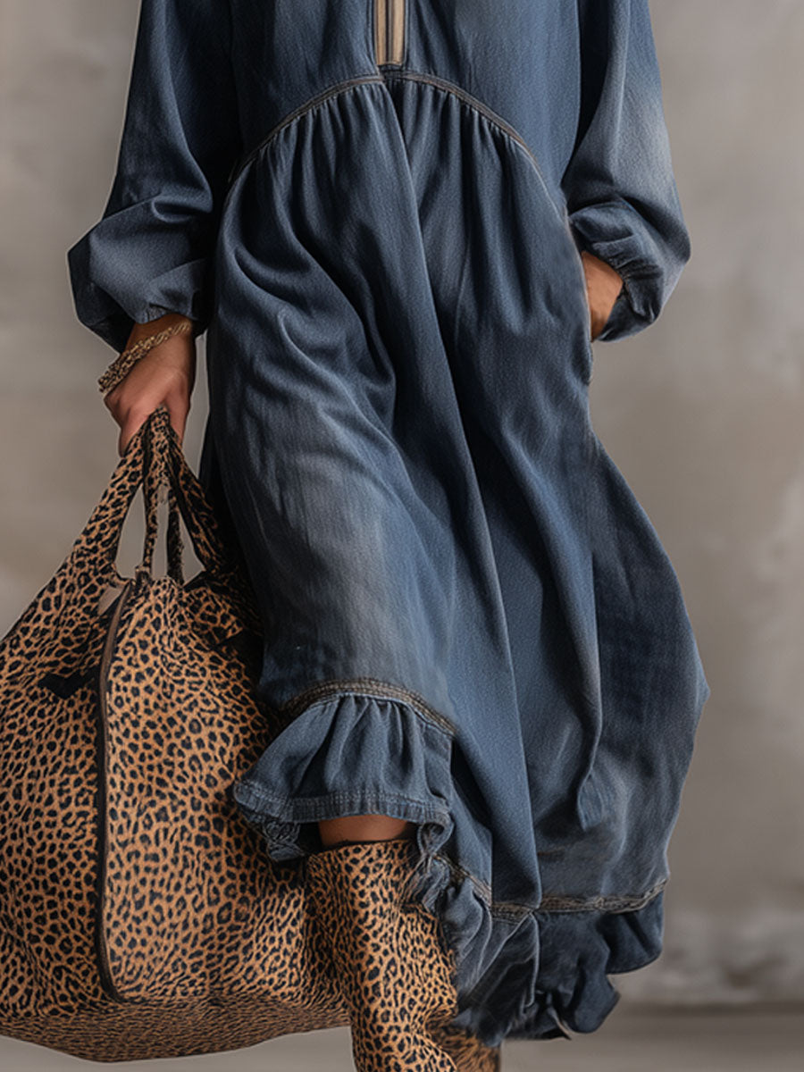 Retro Stand-up Collar Zipper Letter Embroidery Washed Denim Midi Dress