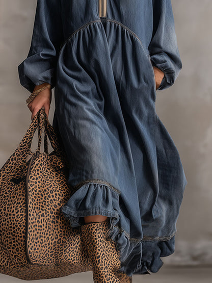 Retro Stand-up Collar Zipper Letter Embroidery Washed Denim Midi Dress