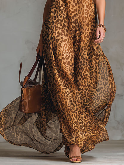 Leopard Print Bow-tie Strap Chiffon Sleeveless Maxi Dress