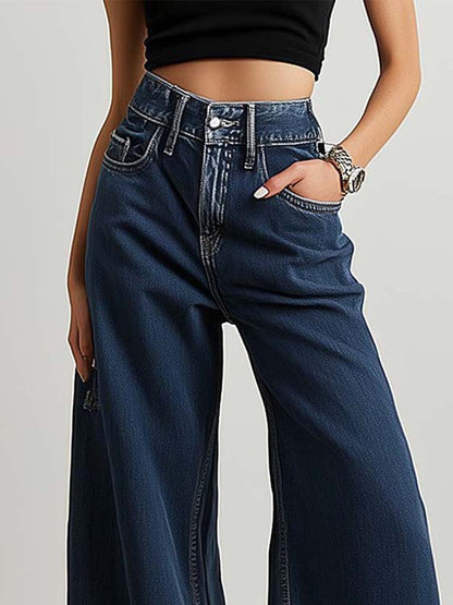 Retro Fashion Versatile Pocket Wide-leg Jeans