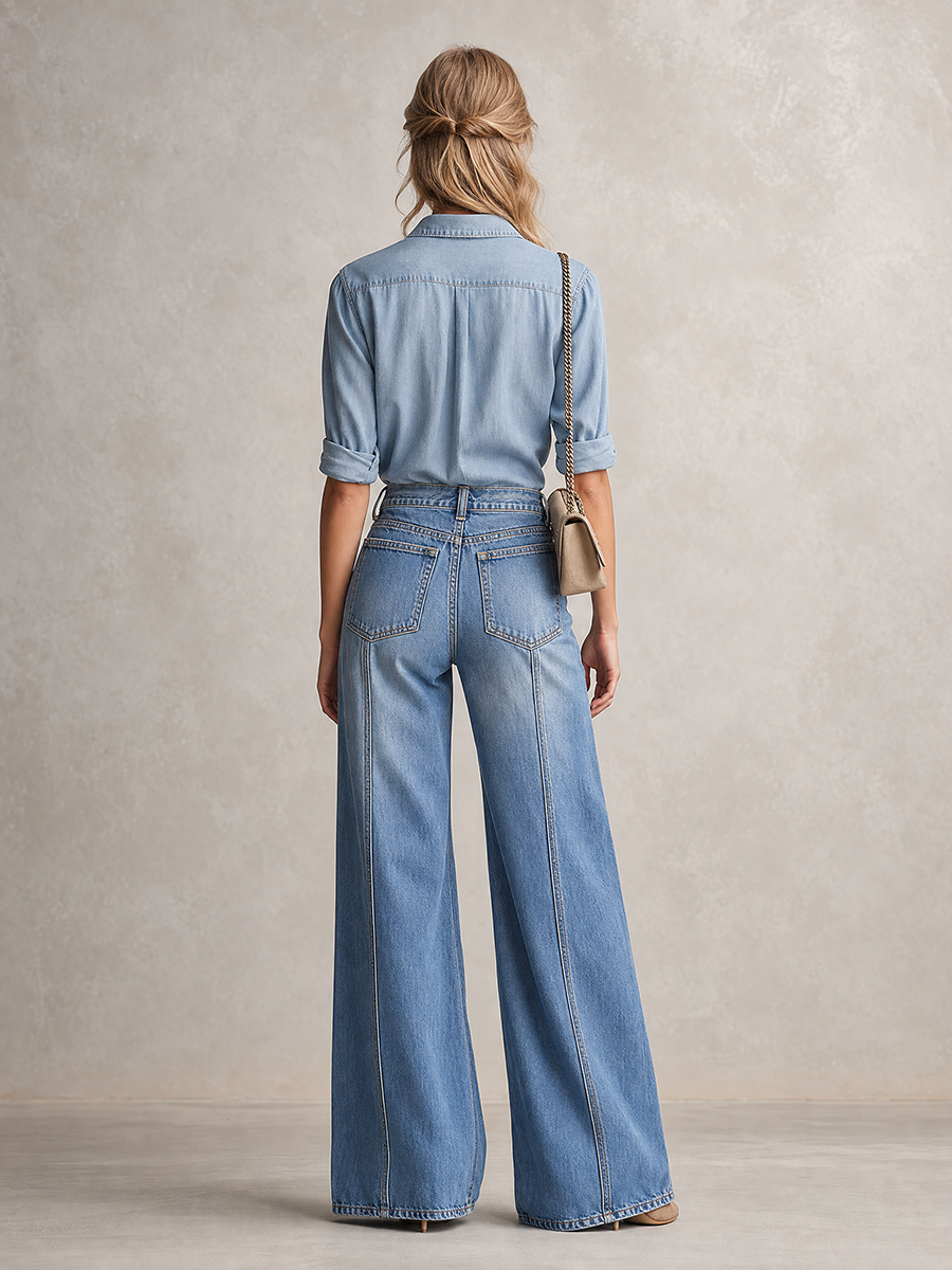 Y2K Washed Wide-Leg Jeans Studded Flap Pockets High Waist Baggy Denim