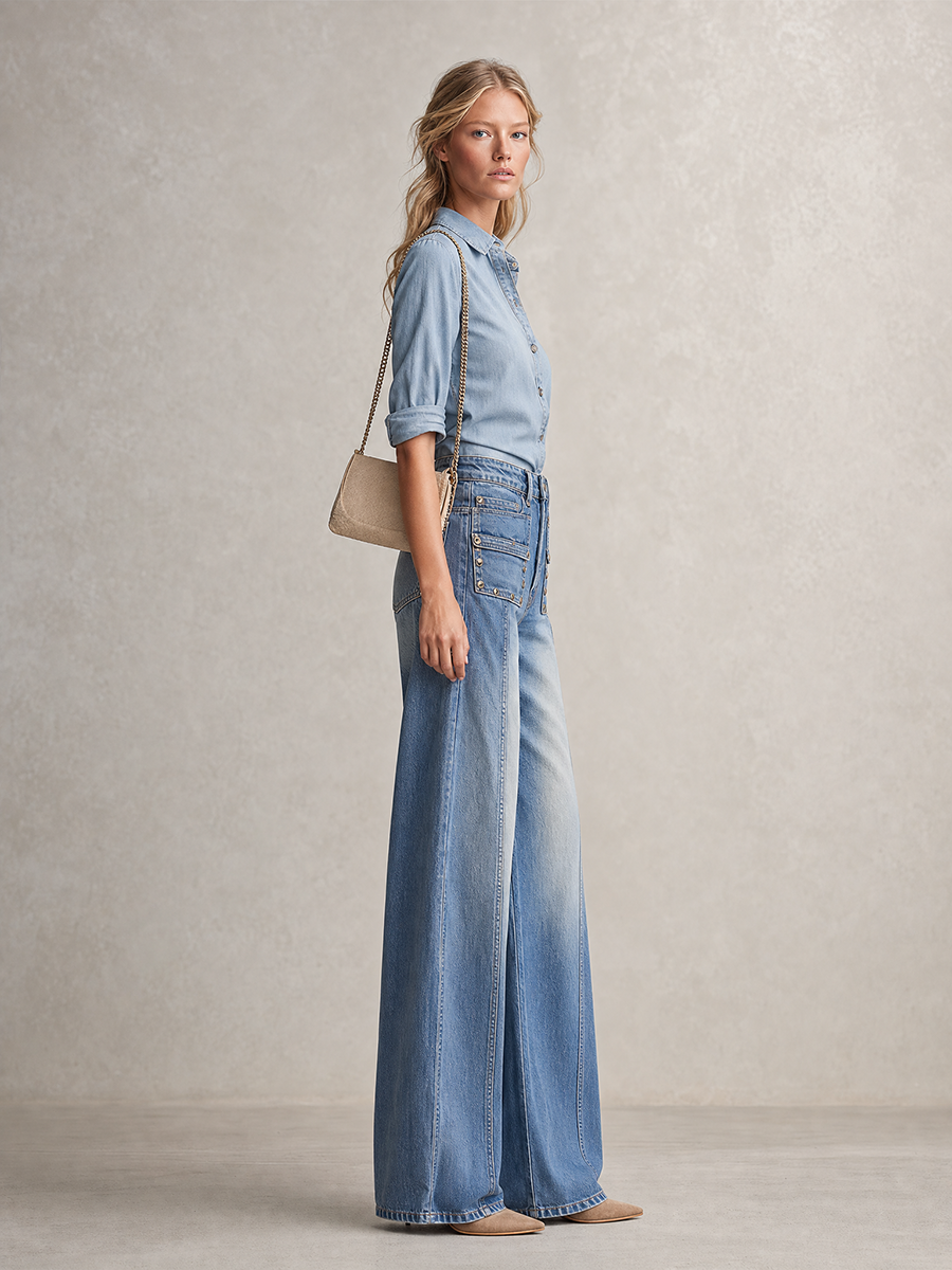 Y2K Washed Wide-Leg Jeans Studded Flap Pockets High Waist Baggy Denim