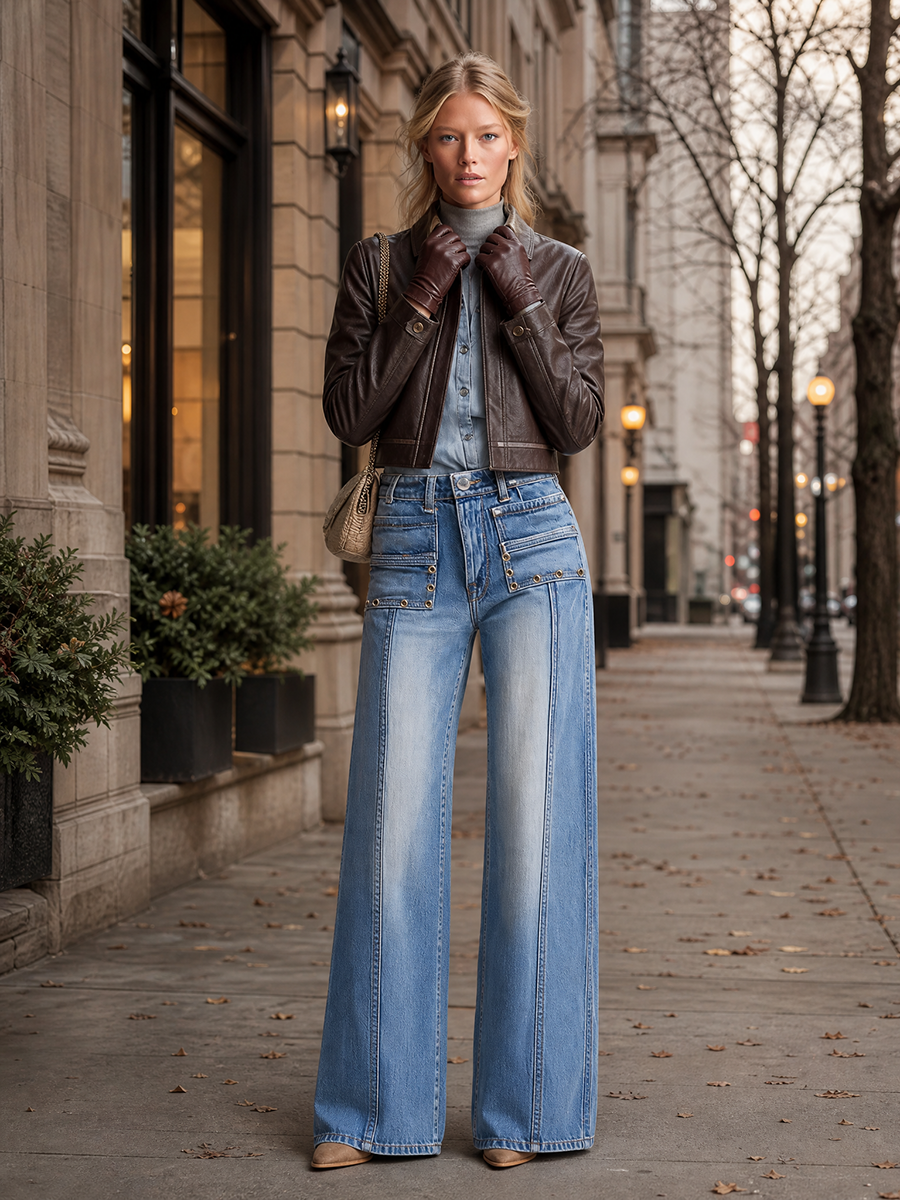 Y2K Washed Wide-Leg Jeans Studded Flap Pockets High Waist Baggy Denim
